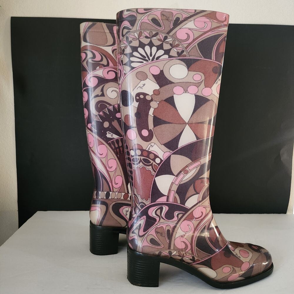 Emilio Pucci Rain Boots Psychedelic Pink & Brown Knee High Sz 8  Y2K  60's